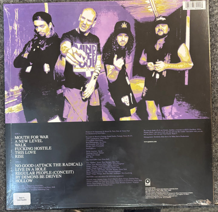 Pantera - Vulgar Display of Power record sleeve with band members and tracklist on a purple and black background