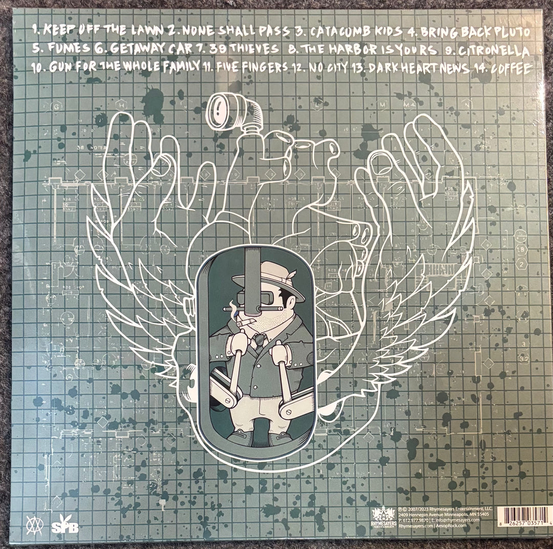 Vinyl record sleeve for Aesop Rock - None Shall Pass, featuring a stylized illustration of a man in a hat and coat inside a hanging machine, surrounded by large outlined wings, on a green gridded background with tracklist text at the top.