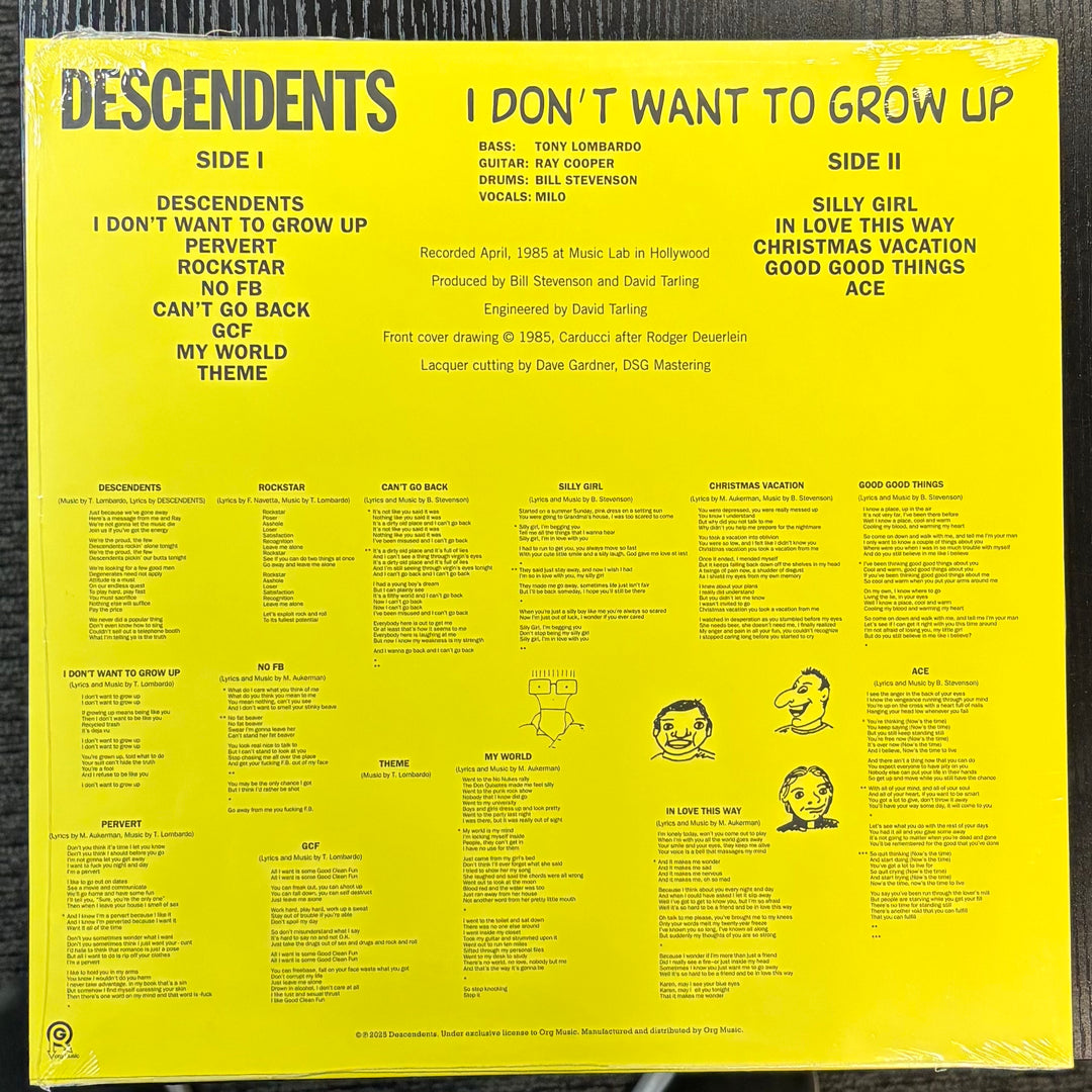 Descendents – I Don't Want To Grow Up record sleeve with yellow background and black text displaying tracklist and album details.