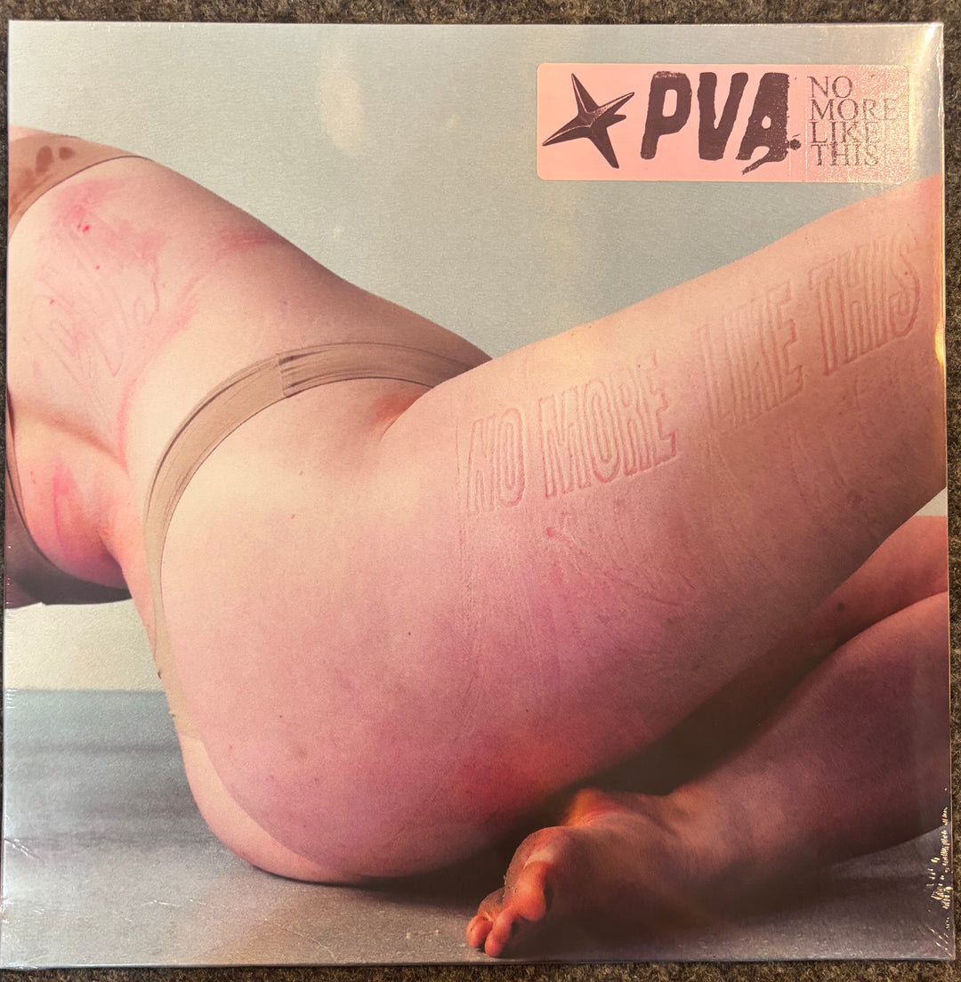 PVA vinyl record cover for 'No More Like This' featuring a close-up photograph of a person lying on their side with red marks and embossed text. A pink sticker with the PVA logo and title is visible in the top right corner.