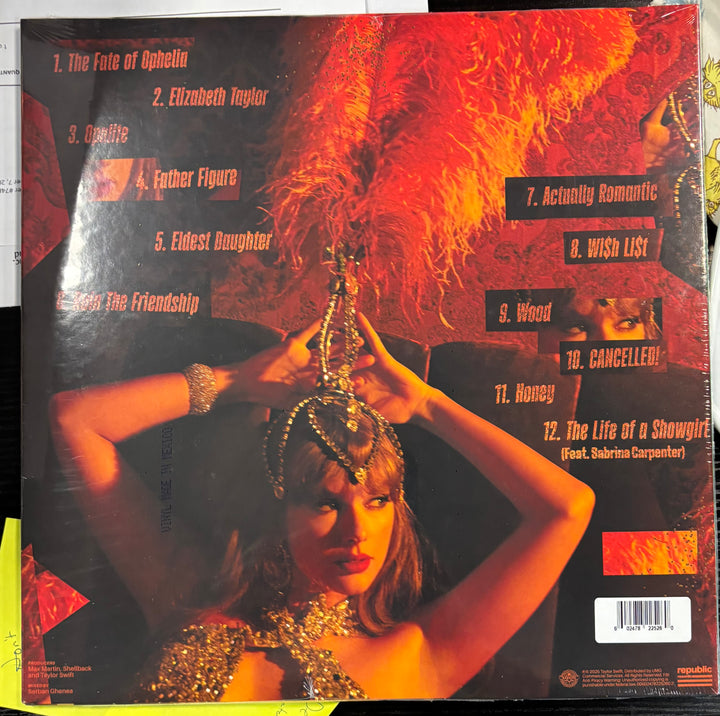 Taylor Swift 'The Life of a Showgirl' Vinyl record sleeve with a person in a glamorous outfit and text on a dark background
