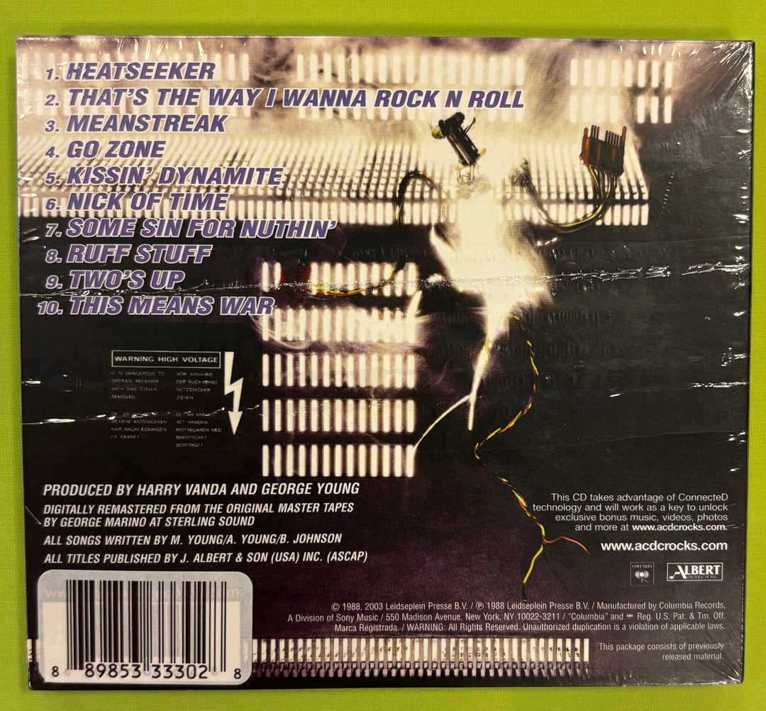Back cover of AC/DC Blow up Your Video compact disc with tracklist and production credits on a green background