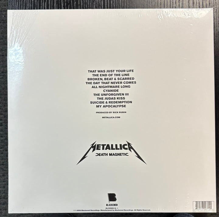 Back cover of a Metallica – Death Magnetic with text and logo