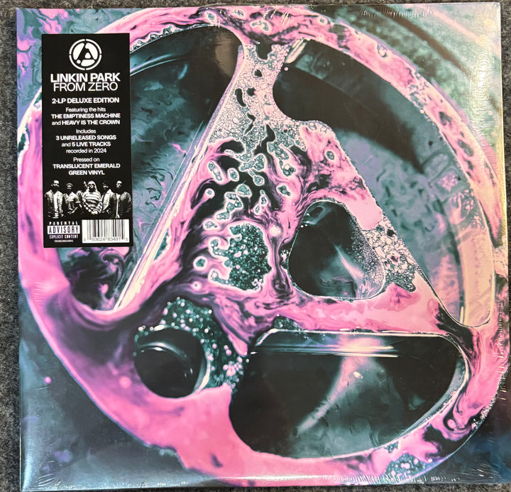 Linkin Park From Zero 2LP Deluxe Edition vinyl record sleeve, featuring a black and pink marbled design with the band's logo and a black product info sticker on the top left.