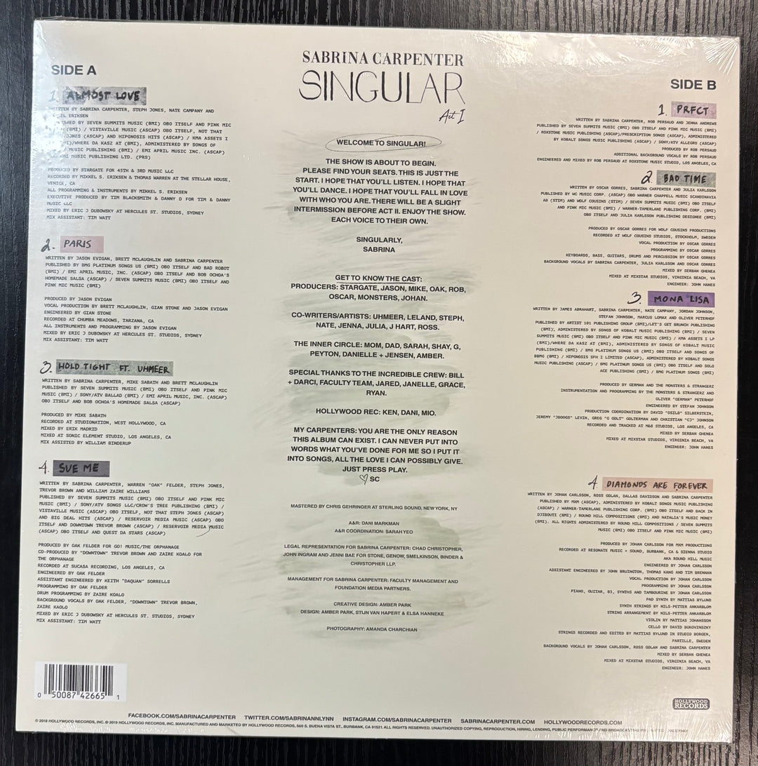 Back cover of a vinyl record with text and track listings for 'Singular' by Sabrina Carpenter.