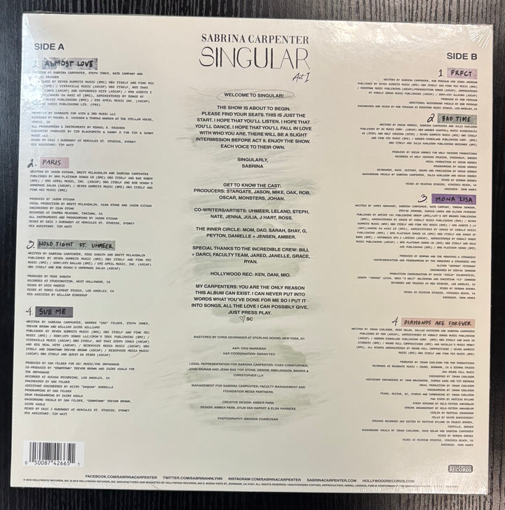 Back cover of a vinyl record with text and track listings for 'Singular' by Sabrina Carpenter.