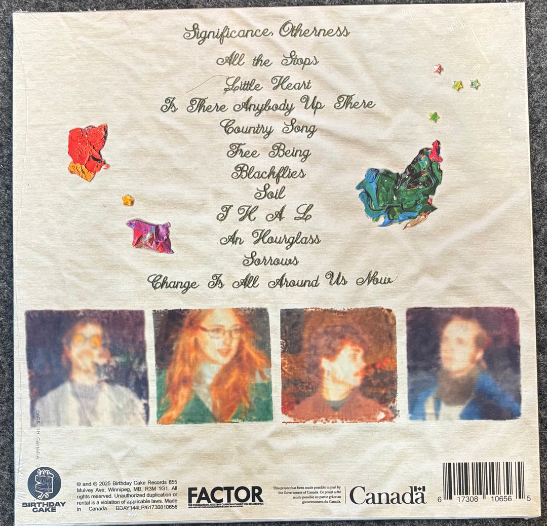 The back cover of Burs – Significance, Otherness, featuring a list of 12 tracks, colorful abstract drawings, three band member portraits, and a barcode.