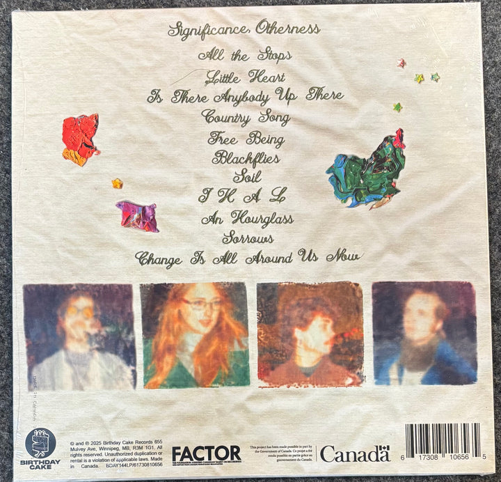 The back cover of Burs – Significance, Otherness, featuring a list of 12 tracks, colorful abstract drawings, three band member portraits, and a barcode.