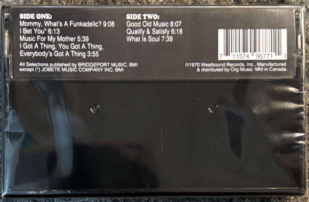 Back cover of Funkadelic - Funkadelic, sealed in plastic shrink wrap. The black cover features a white tracklist, barcode, and copyright info, with a large black rectangle obscuring the center.