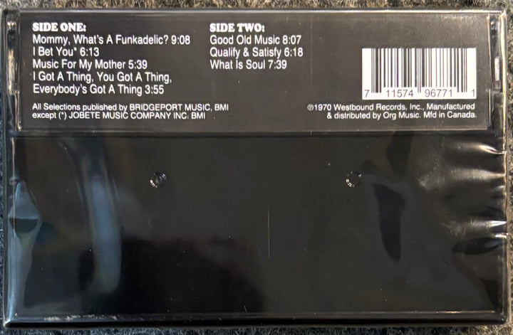 Back cover of Funkadelic - Funkadelic, sealed in plastic shrink wrap. The black cover features a white tracklist, barcode, and copyright info, with a large black rectangle obscuring the center.