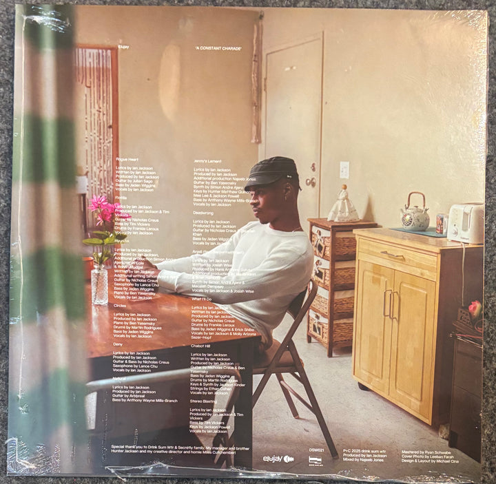 A vinyl record sleeve for Elujay - A Constant Charade, photographed flat on a dark textured surface. The cover art features a photograph of a man sitting in a folding chair in a room, with tracklist text overlaid on the front.