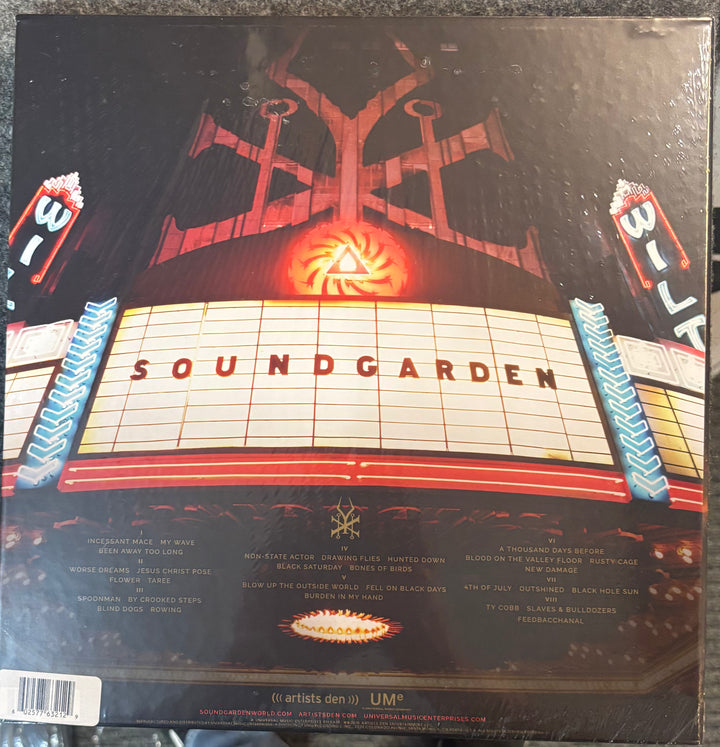 Vinyl record cover with 'Soundgarden' branding and theater marquee design.