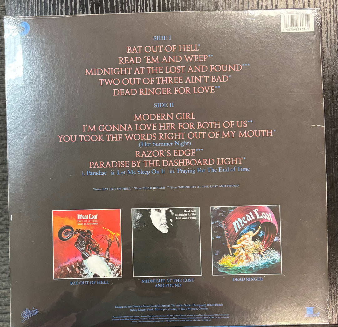 Back cover of a MEAT LOAF – Hits Out Of Hell  with track listings and album art.