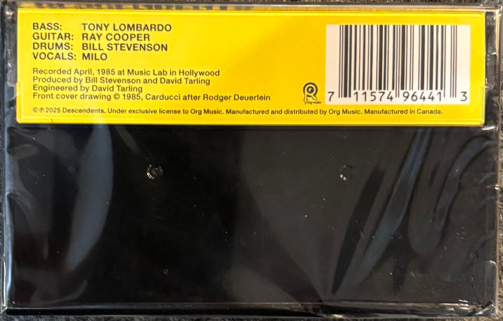 Back cover of DESCENDENTS – I DON'T WANT TO GROW UP with band members and tracklist on a yellow label.