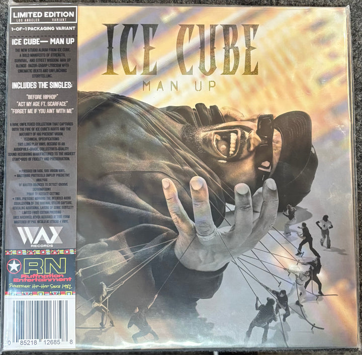 Album cover for Ice Cube's 'Man Up' with a stylized image of a person and text.