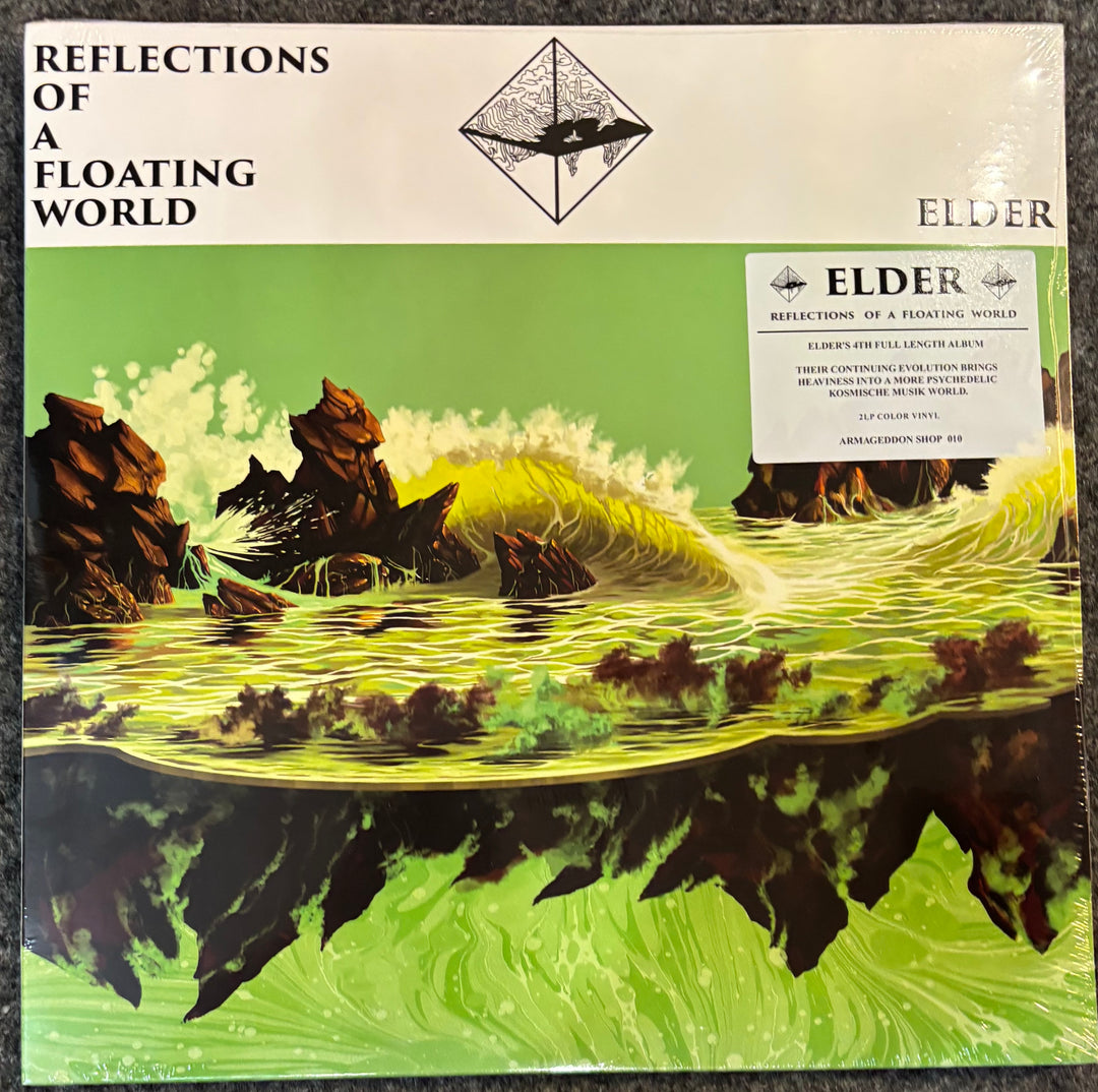 Album cover for 'Reflections of a Floating World' by Elder with stylized landscape and text.