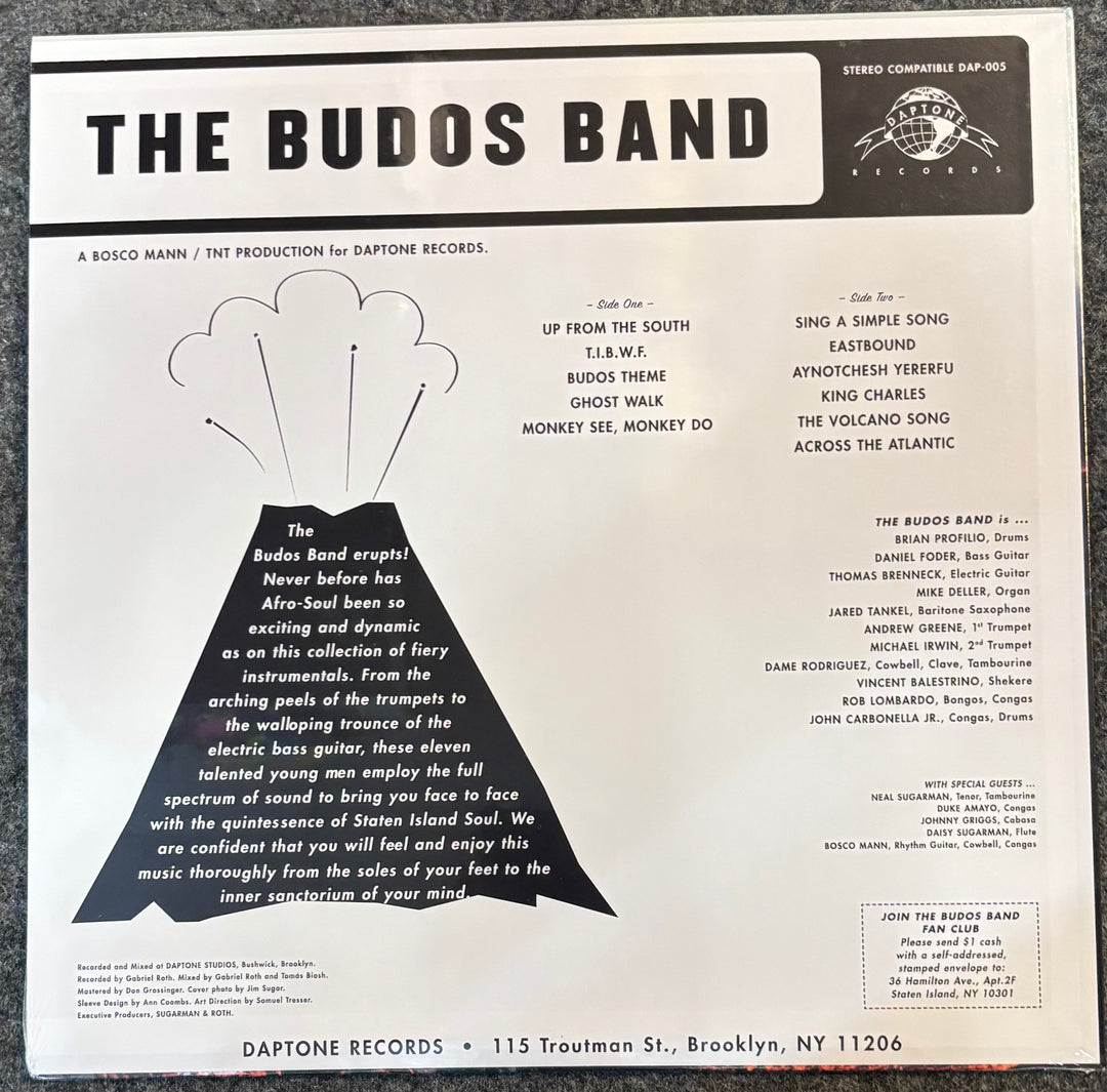 Vinyl record cover for 'The Budos Band' with text and logo on a white background