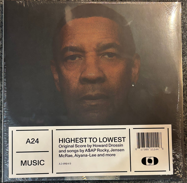 A vinyl record sleeve for 'Highest to Lowest' by Howard Drossin and ASAP Rocky, featuring a close-up portrait of the artist on the cover with a white barcode label at the bottom, still sealed in plastic shrink wrap.