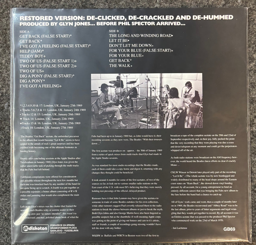 Back cover of a Get Back Original Elektra Acetate with text and black and white photo of musicians.