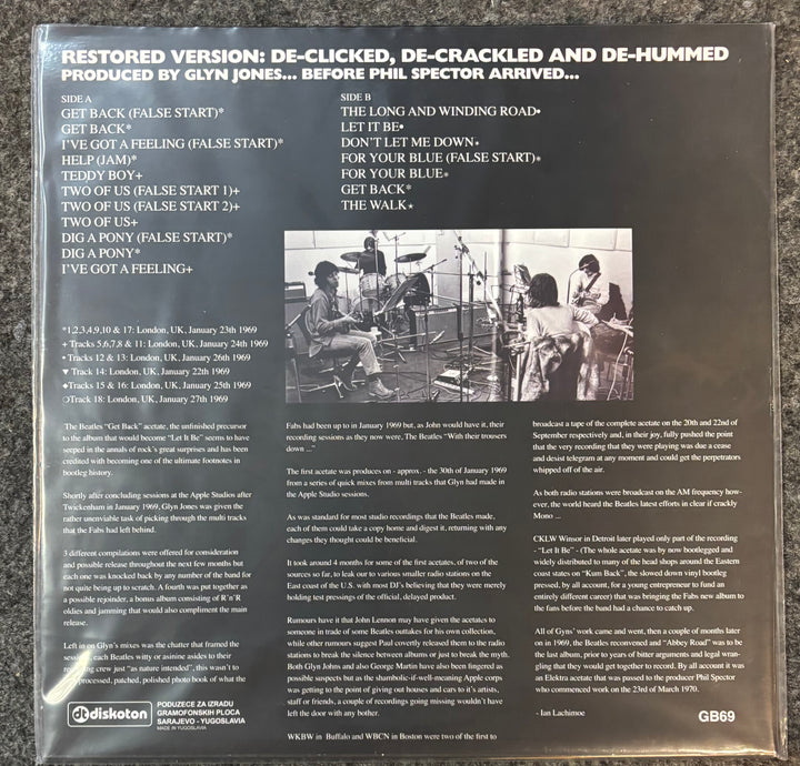 Back cover of a Get Back Original Elektra Acetate with text and black and white photo of musicians.