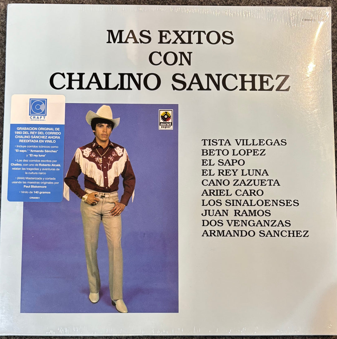 The front cover of the vinyl record 'Mas Exitos Con Chalino Sanchez' by Los Sinaloenses, featuring a portrait of the artist in a cowboy hat and western shirt against a purple background, with a blue Cactus Records label sticker on the left.