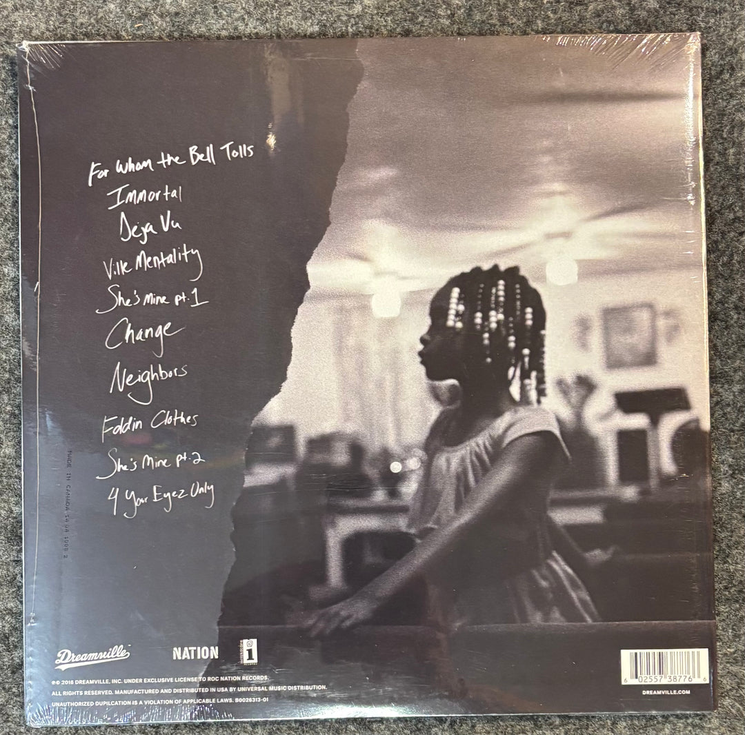 J. COLE – 4 YOUR EYEZ ONLY record cover with a black and white image of a woman and text on a textured surface.