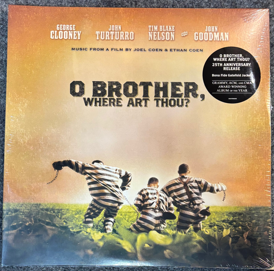 Album cover for 'O Brother, Where Art Thou?' with prisoners in striped suits and a desert landscape.