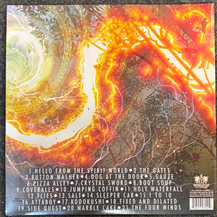 The back cover of Aesop Rock - Spirit World Field Guide featuring a highly detailed, fiery abstract illustration in orange, yellow, and red tones. The bottom section is white with a numbered tracklist and the 'Wanderers' band logo on the right, and a barcode on the bottom right.