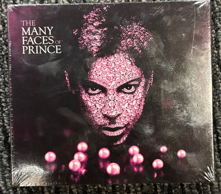 CD cover for 'The Many Faces of Prince' with a stylized face and pink elements.