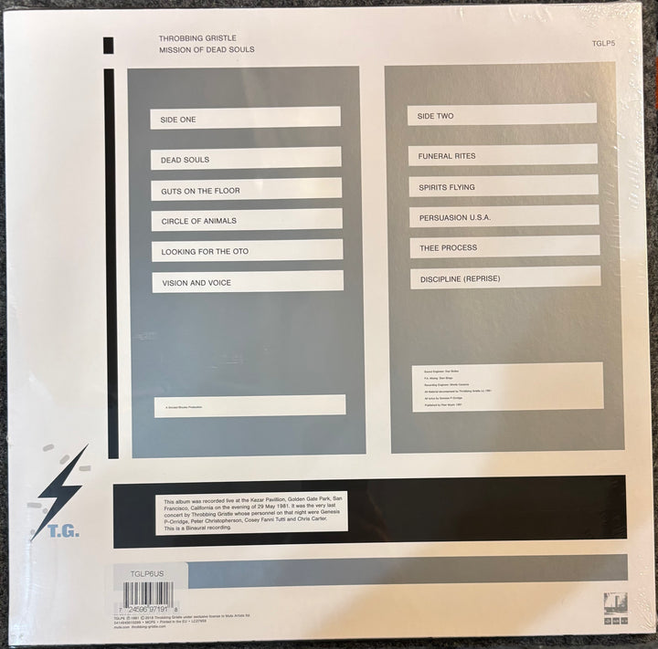 Back cover of THROBBING GRISTLE – Mission Of Dead Souls with tracklist and branding