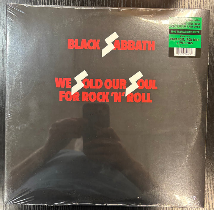 Vinyl record cover of Black Sabbath's 'We Sold Our Soul for Rock 'n' Roll' with reflective surface.