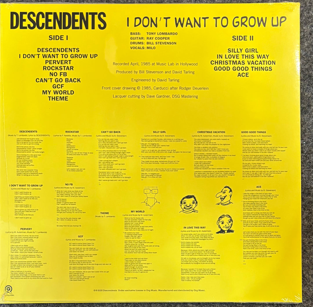 The back cover of a Descendents vinyl record, featuring a bright yellow background with black text listing track titles, credits, and song lyrics, alongside small cartoon illustrations.