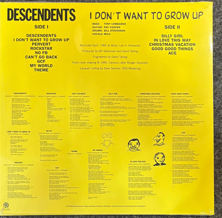 The back cover of a Descendents vinyl record, featuring a bright yellow background with black text listing track titles, credits, and song lyrics, alongside small cartoon illustrations.