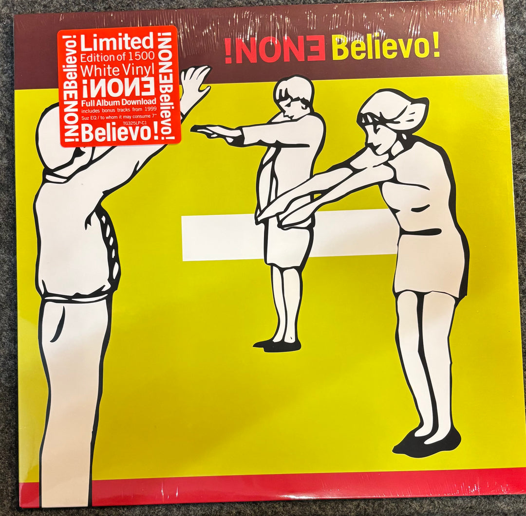 A vinyl record sleeve for Enon ‎– Believo!' shown flat on a dark textured surface. The cover features a bright yellow background with stylized figures in beige and black, a dark red top band, and a red circular sticker on the left noting a limited edition of 1500 white vinyl copies.