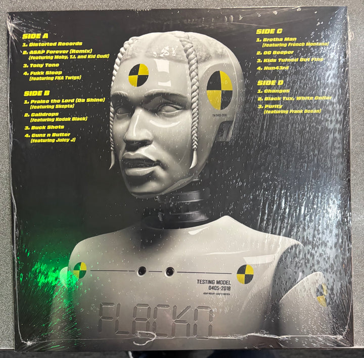 A$AP ROCKY - Testing record cover with robot illustration and text on a black background