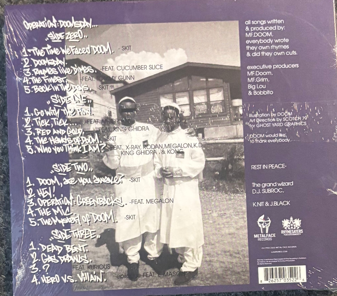 MF Doom - Operation: Doomsday, featuring a black-and-white photo of MF Doom in a lab coat with a beaker, set against a dark purple background with white text and track listings.