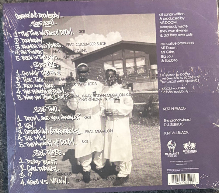 MF Doom - Operation: Doomsday, featuring a black-and-white photo of MF Doom in a lab coat with a beaker, set against a dark purple background with white text and track listings.