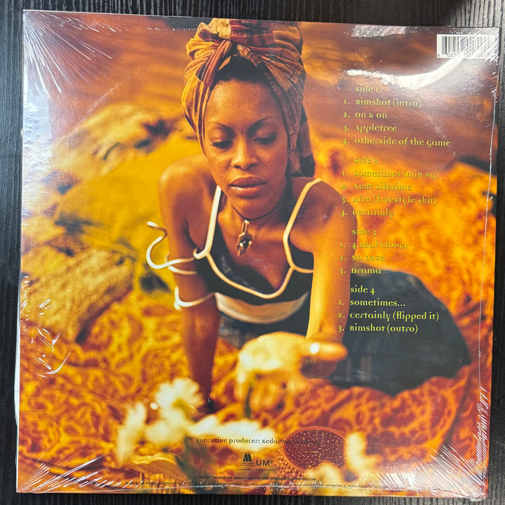 Erykah Badu's 'Baduizm' vinyl record cover with a person and lion, featuring album tracklist.
