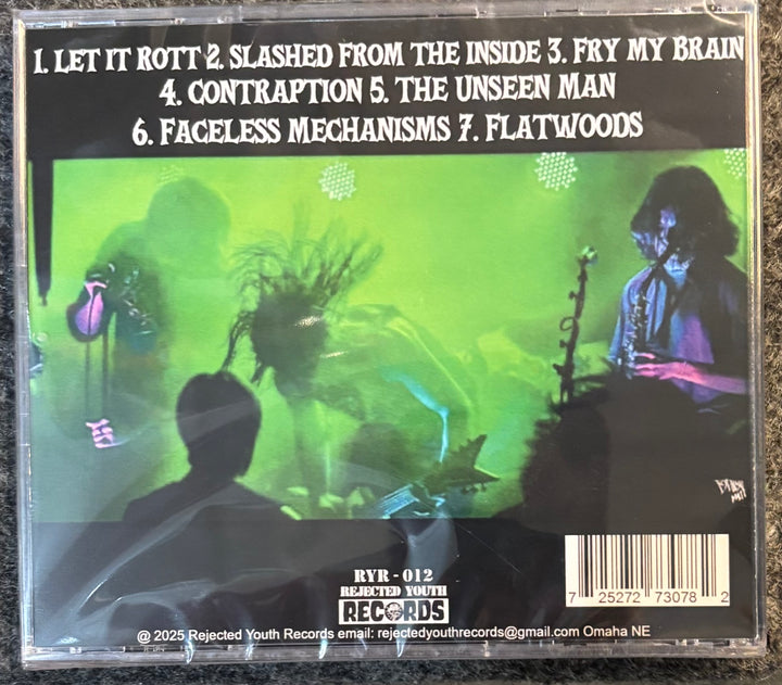 Back cover of Mindrott - Mindrott with album tracklist and green and black design.