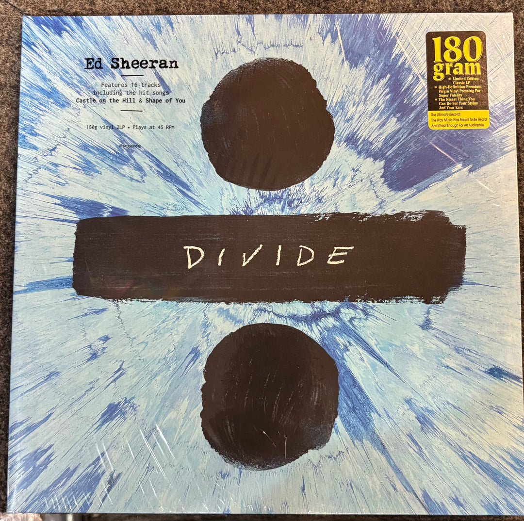 Vinyl record cover for Ed Sheeran's 'Divide' with abstract design and text.