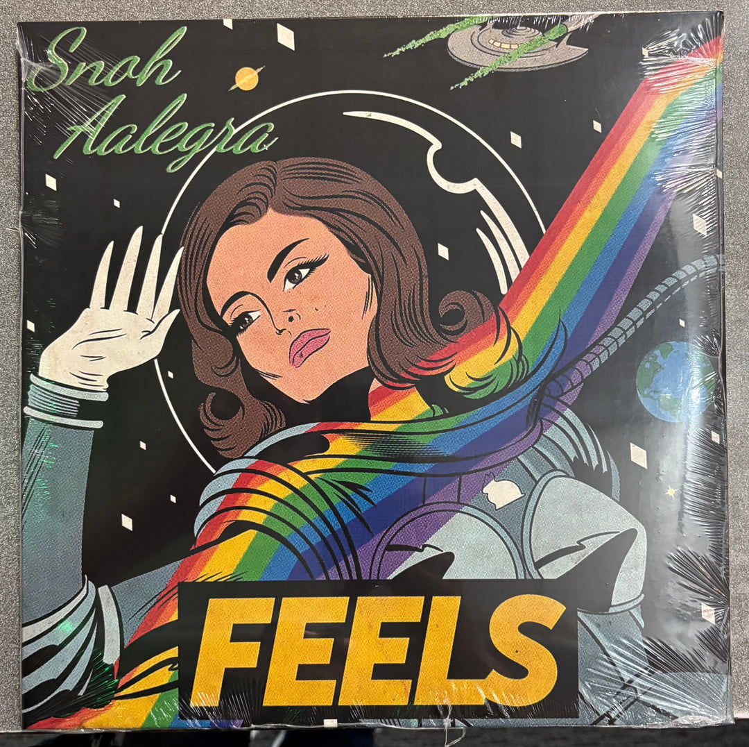 AALEGRA, SNOH - Feels Album cover with a person in an astronaut suit with a rainbow scarf and 'FEELS' text.
