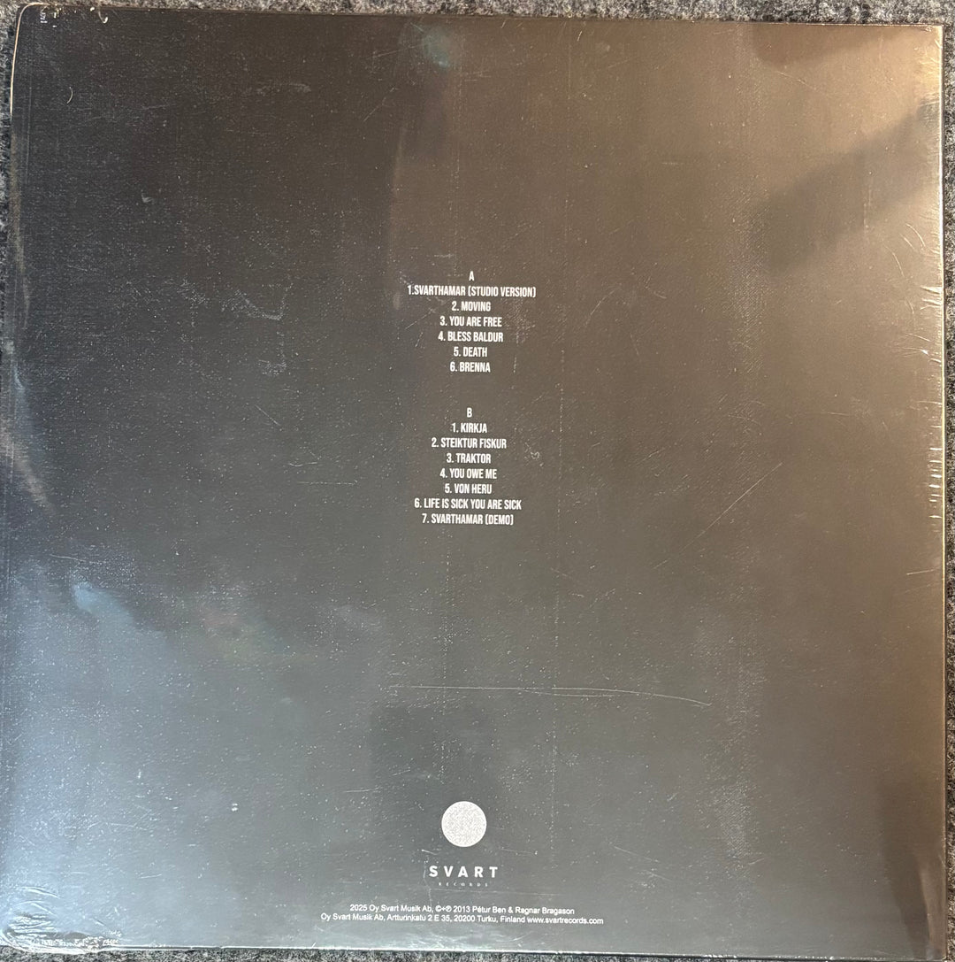 Back cover of METALHEAD vinyl record with tracklist and brand name 'Svart' on a reflective surface.