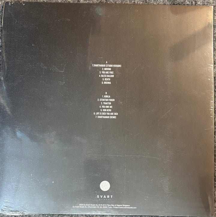Back cover of METALHEAD vinyl record with tracklist and brand name 'Svart' on a reflective surface.