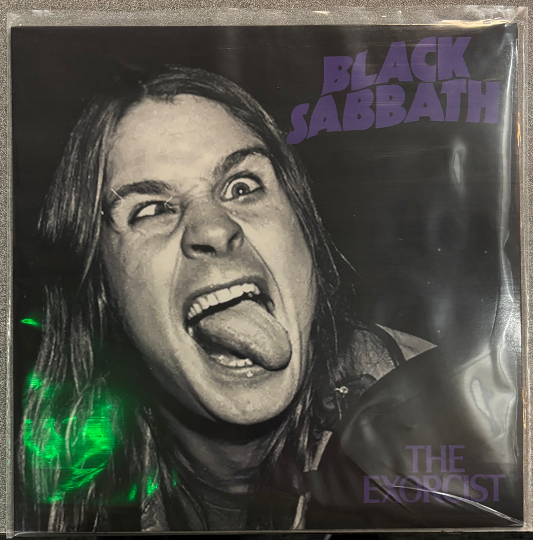 BLACK SABBATH - THE EXORCIST album cover with a person with an open mouth and tongue, featuring the band name and album title.