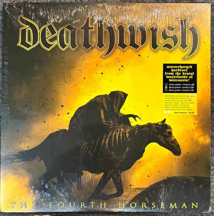 Deathwish - The Fourth Horseman vinyl record cover, sealed in shrink wrap, featuring a black skeletal rider on a horse against a glowing yellow and orange background.