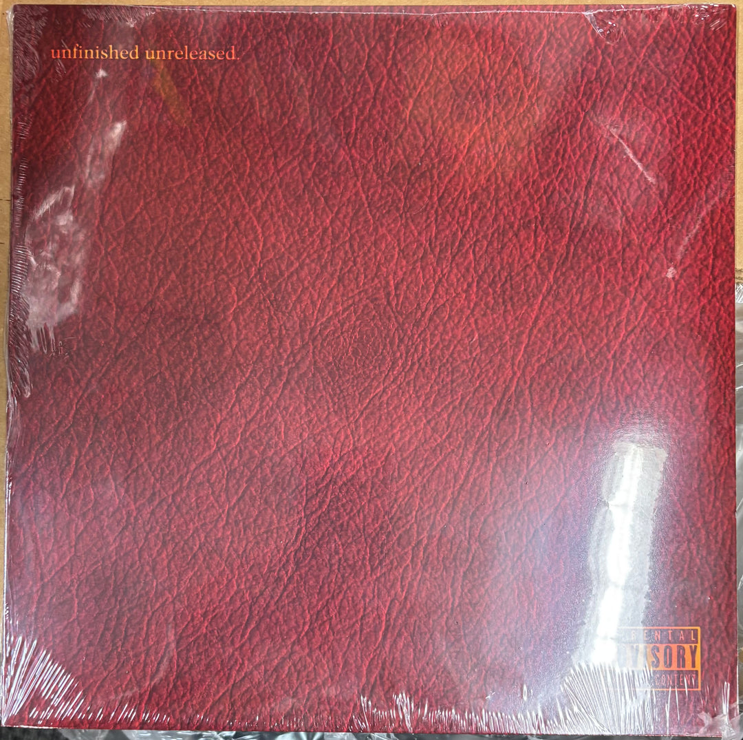 Red textured album cover with 'unfinished unreleased' text and a logo on a white background