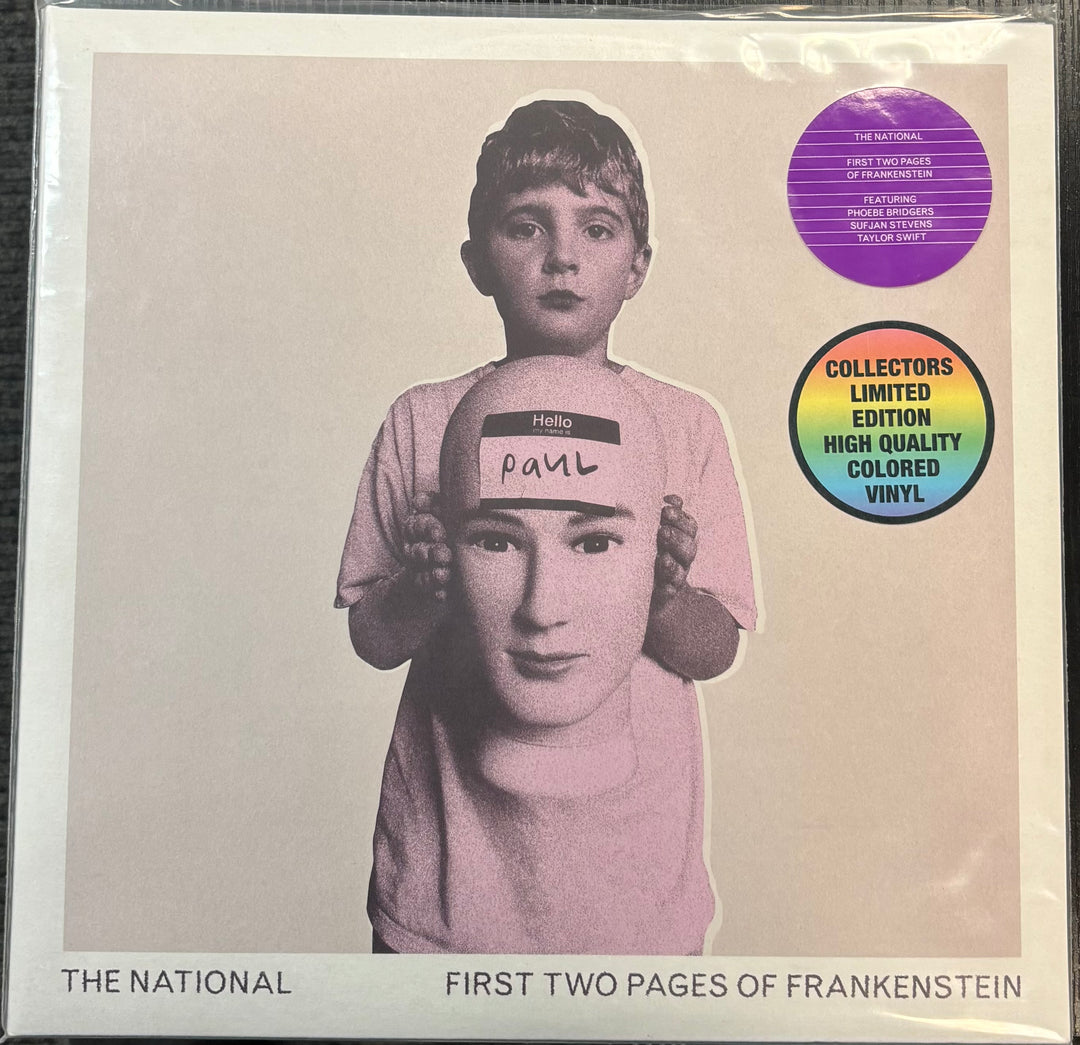 NATIONAL, THE – First Two Pages Of Frankenstein record cover with a person wearing a shirt with 'Hello Paul' printed on it, featuring a collectible label.