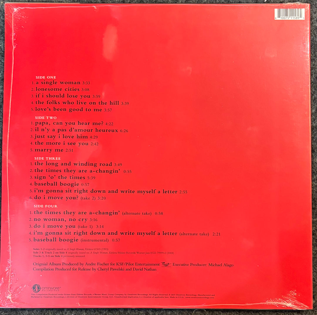 The back cover of Simone, Nina - A Single Woman: Complete Elektra Recordings, featuring a bright red background with the tracklist printed in white text, sealed in a plastic shrink wrap.