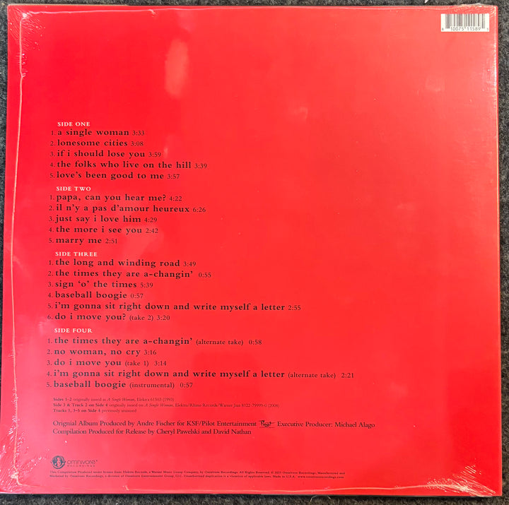 The back cover of Simone, Nina - A Single Woman: Complete Elektra Recordings, featuring a bright red background with the tracklist printed in white text, sealed in a plastic shrink wrap.