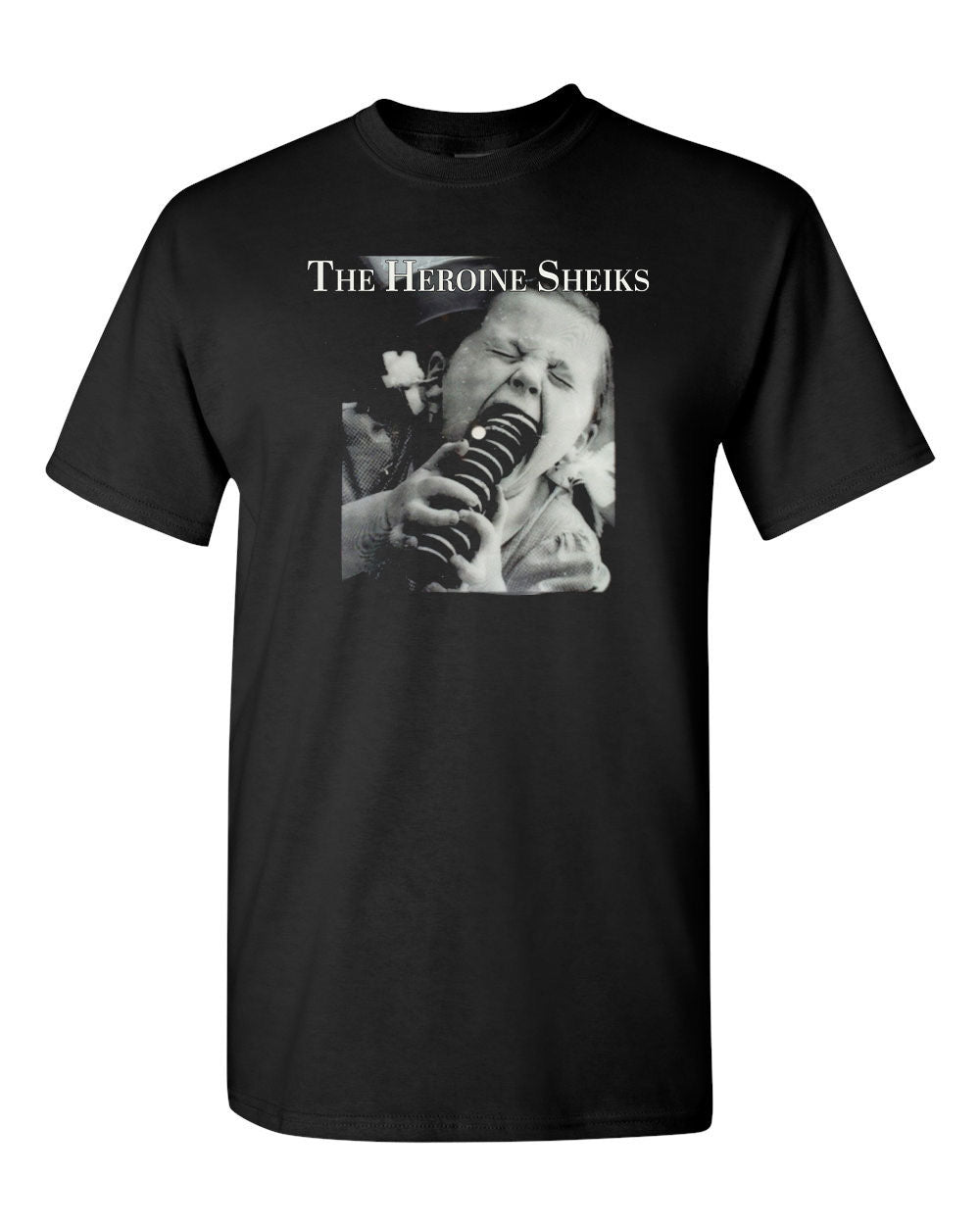 Black t-shirt with a band name and a monochrome image of a person singing into a microphone.